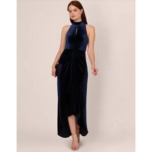 Adrianna Papell velvet high low halter mock neck with cutout gown dress